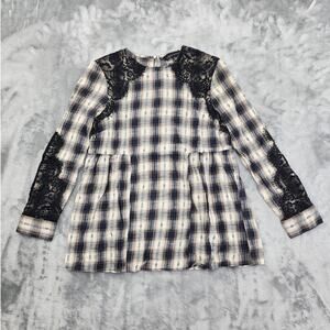 ZARA Top Womens XS Black Tan Plaid Flannel Lace Long Sleeve Keyhole Back Preppy